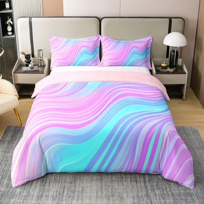 100% Organic Cotton Rainbow Comforter Cover, Girls Bright Iridescent Striped Inspired Curved Lines Gradient Tie Dye Effect Hippie Comfy Bedding Set, Twin Size, Teal Pink