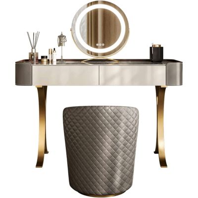 ZUMAHA Slate Desktop Vanity Desk for Girls Women, Vanity Set with Cushioning Makeup Stool, Dressing Table with LED Lighted Mirror Dresser