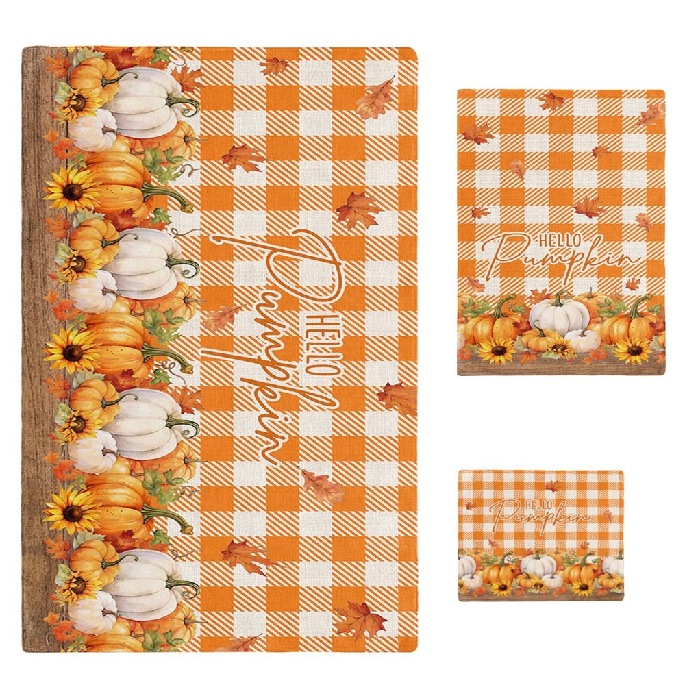 Bath Towels Set of 3 Fall Thanksgiving Pumpkin Sunflower Maple Leaves Orange Plaid Bathroom Towels Set Soft Absorbent Bath Towel Hand Towel Washcloth Decorative Towels for Bathroom kitchen Gym Spa