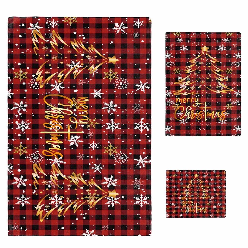 Bath Towels Set of 3 Merry Christmas Gold Xmas Tree Snowflakes Red Black Plaid Bathroom Towels Set Soft Absorbent Bath Towel Hand Towel Washcloth Decorative Towels for Bathroom kitchen Gym Spa
