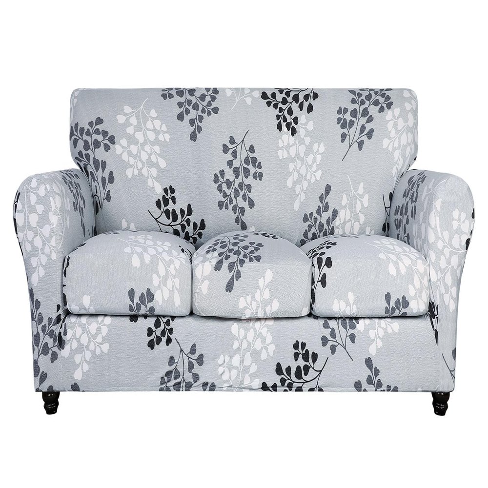 SearchI Stretch Sofa Cover Printed Couch Cover, Floral Pattern 4 Pieces Sofa Slipcover with 3 Separate Cushion Cover, Washable Furniture Protector for Living Room(Sofa, Leaf Pattern)