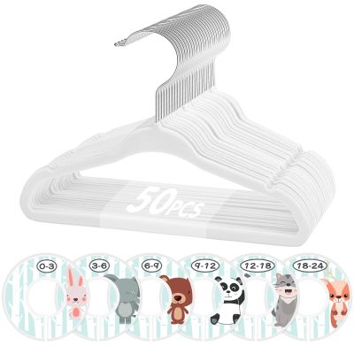 VIS'V Baby Hangers, 11 Inch Velvet Kids Hangers with 6 Pcs Clothes Size Dividers, Infant Toddler Nursery Closet Organization, Non Slip, White, 50 Pcs