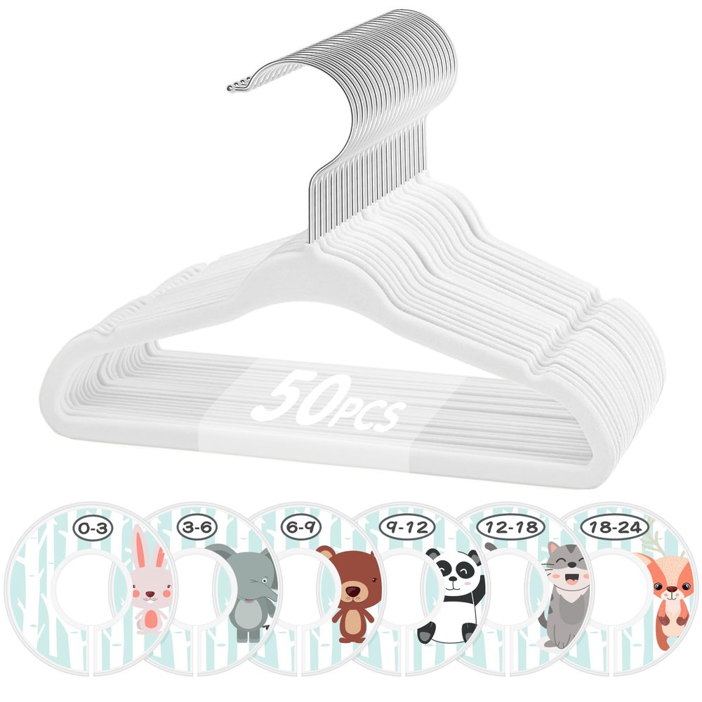 VIS'V Baby Hangers, 11 Inch Velvet Kids Hangers with 6 Pcs Clothes Size Dividers, Infant Toddler Nursery Closet Organization, Non Slip, White, 50 Pcs