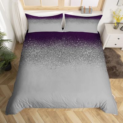 Castle Fairy Solid Color Splicing Duvet Cover Sets King Size Gradient 3 Pieces Women Men Room Bedding Duvet Cover Sets Fashion Modern Bed Comforters Cover Soft Quilt Cover Cover(Purple,Grey)
