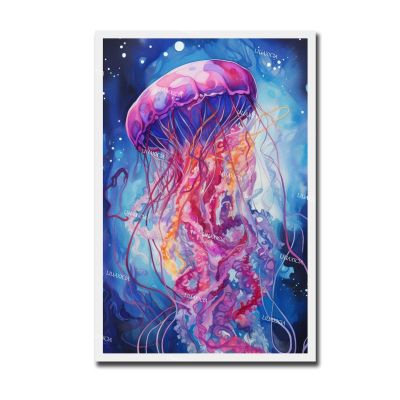 Canvas Oil Painting Colorful Jellyfish Canvas Wall Art Multicoloured Deep Sea Animal Picture Wall Decor Allochroic Jellyfish Poster for Restroom bar hotel Entrance And Aisle 8X12inch with Wooden Frame