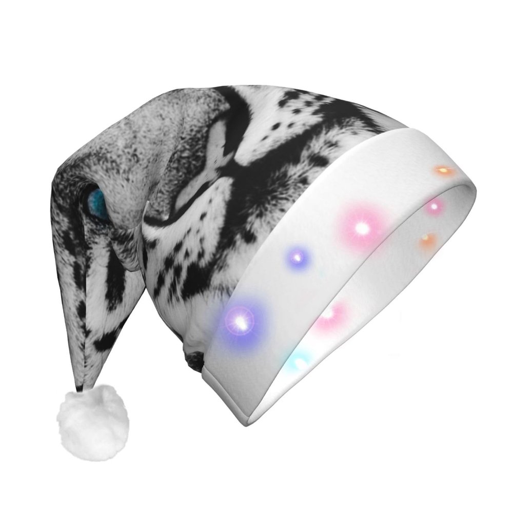 EVANEM Santa Hat with LED Lights Cute Cheetah Christmas Hat for Adults Light Up Xmas Hats Plush Santa Cap
