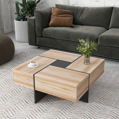LZ LEISURE ZONE Coffee Table, Modern Unique Square Coffee Table with 4 Hidden Storage Compartments, Cocktail Table with Extendable Sliding Tabletop, UV High-Gloss Center Table for Living Room, Brown