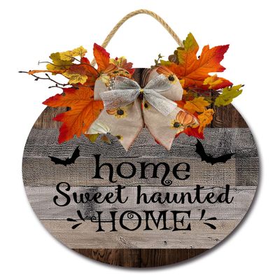 PaBoe Fall Thanksgiving Halloween Welcome Wooden Sign with Bow Artificial Leaves Berries Pumpkin Rustic Farmhouse Door Hanger for Autumn Harvest Home Office Decoration Welcome Wreath for Front Door