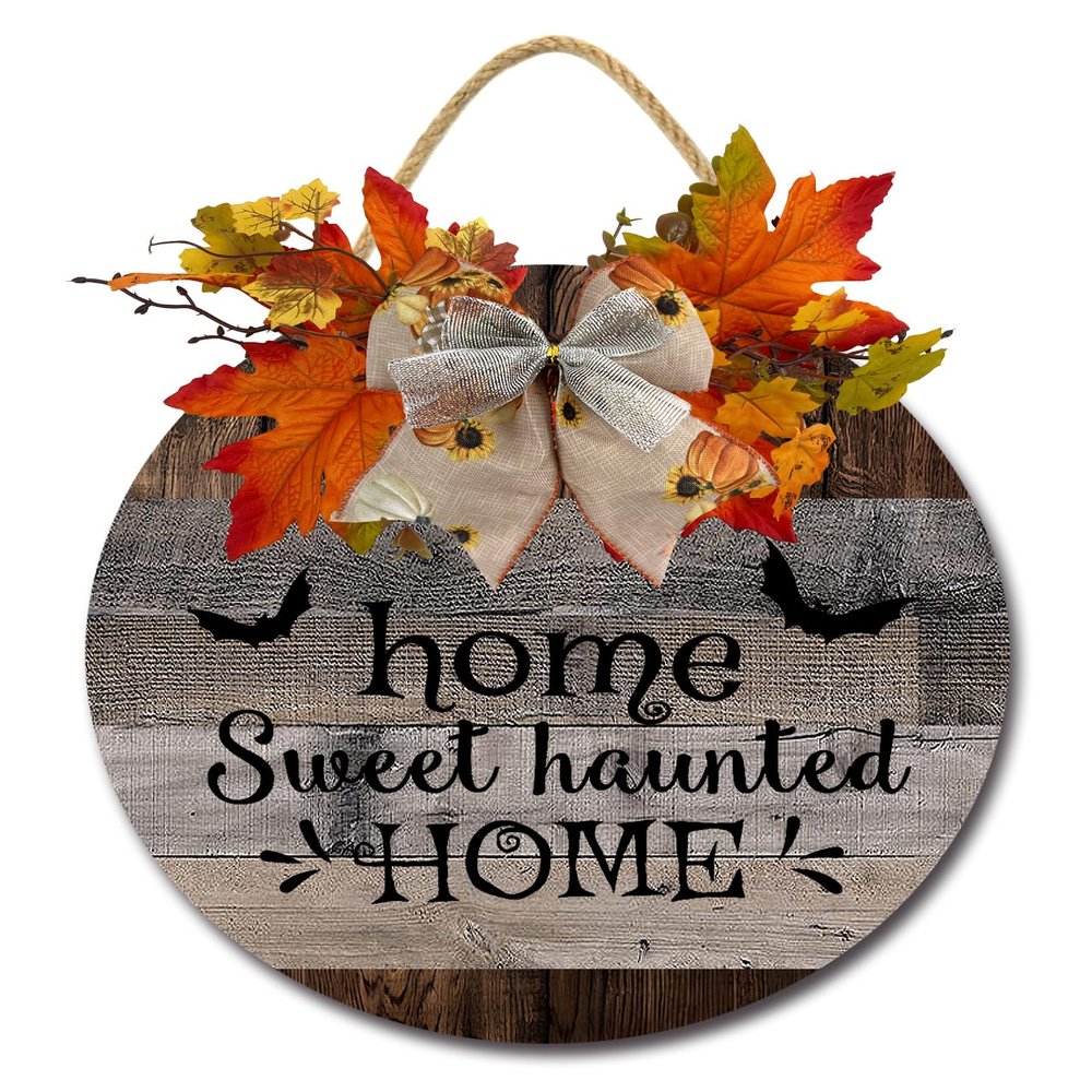 PaBoe Fall Thanksgiving Halloween Welcome Wooden Sign with Bow Artificial Leaves Berries Pumpkin Rustic Farmhouse Door Hanger for Autumn Harvest Home Office Decoration Welcome Wreath for Front Door