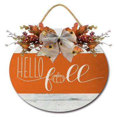 PaBoe Fall Thanksgiving Halloween Welcome Wooden Sign with Bow Artificial Leaves Berries Pumpkin Rustic Farmhouse Door Hanger for Autumn Harvest Home Office Decoration Welcome Wreath for Front Door