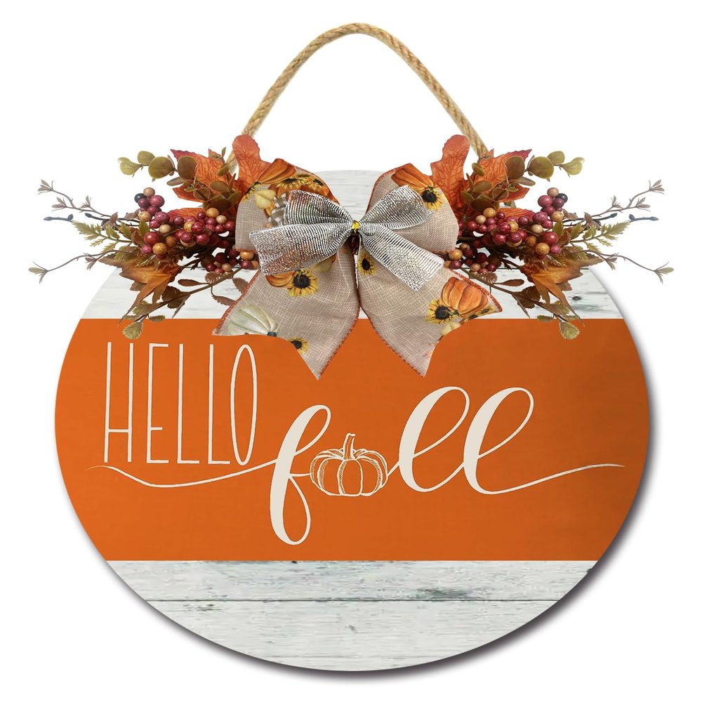 PaBoe Fall Thanksgiving Halloween Welcome Wooden Sign with Bow Artificial Leaves Berries Pumpkin Rustic Farmhouse Door Hanger for Autumn Harvest Home Office Decoration Welcome Wreath for Front Door