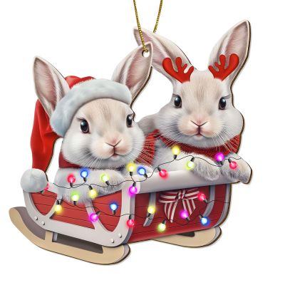 365Rustic 2 Side Printed Cute Rabbit Wooden Christmas Ornaments, Keepsake for Women, Men and Friends, Bunny Christmas Tree Ornaments, Christmas Tree Hanging Decorations