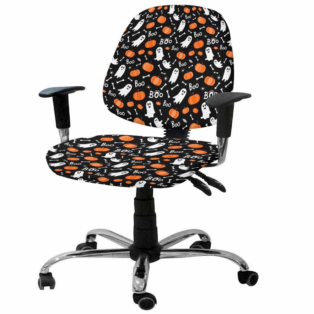 Jolunifun Halloween Office Chair Covers Stretchable 2 Piece, Soft Decorative Computer Desk Chair Cover Protector Universal Rotating Chair Slipcover Black Skeleton Ghost-Boo Fall Pumpkin