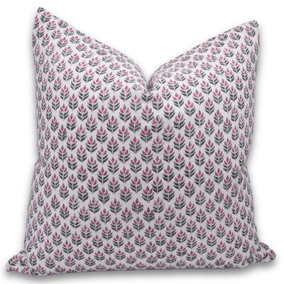 Fabritual Off White Linen Hand Block Print 22x22 Inch Throw Pillowcase Cushion Cover with Hidden Zipper Dcor for Living Room, Outdoor, Sofa and Couch (Alia-Light Pink)