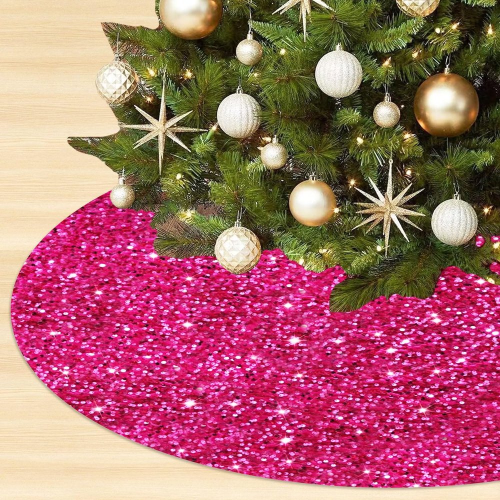 Hot Pink Christmas Tree Skirt 21 Inch Sparkly Sequin Tree Skirt Small Glittery Tree Skirt Fuchsia Tree Skirts Velvet Embroidered Tree Base Skirt Soft Christmas Skirts for Xmas Trees Party Decor