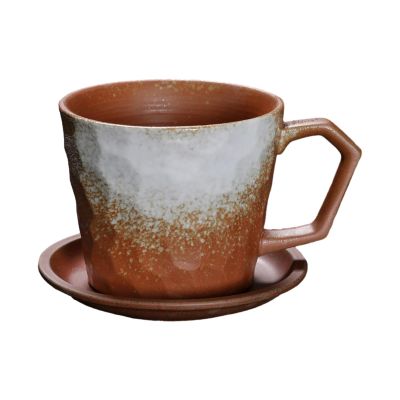 200ml/6.67oz Japanese coarse pottery ear hanging Coffee cup dish set retro western restaurant creative milk Mug for office home-Cup+Plate - White Brown-201-300ml