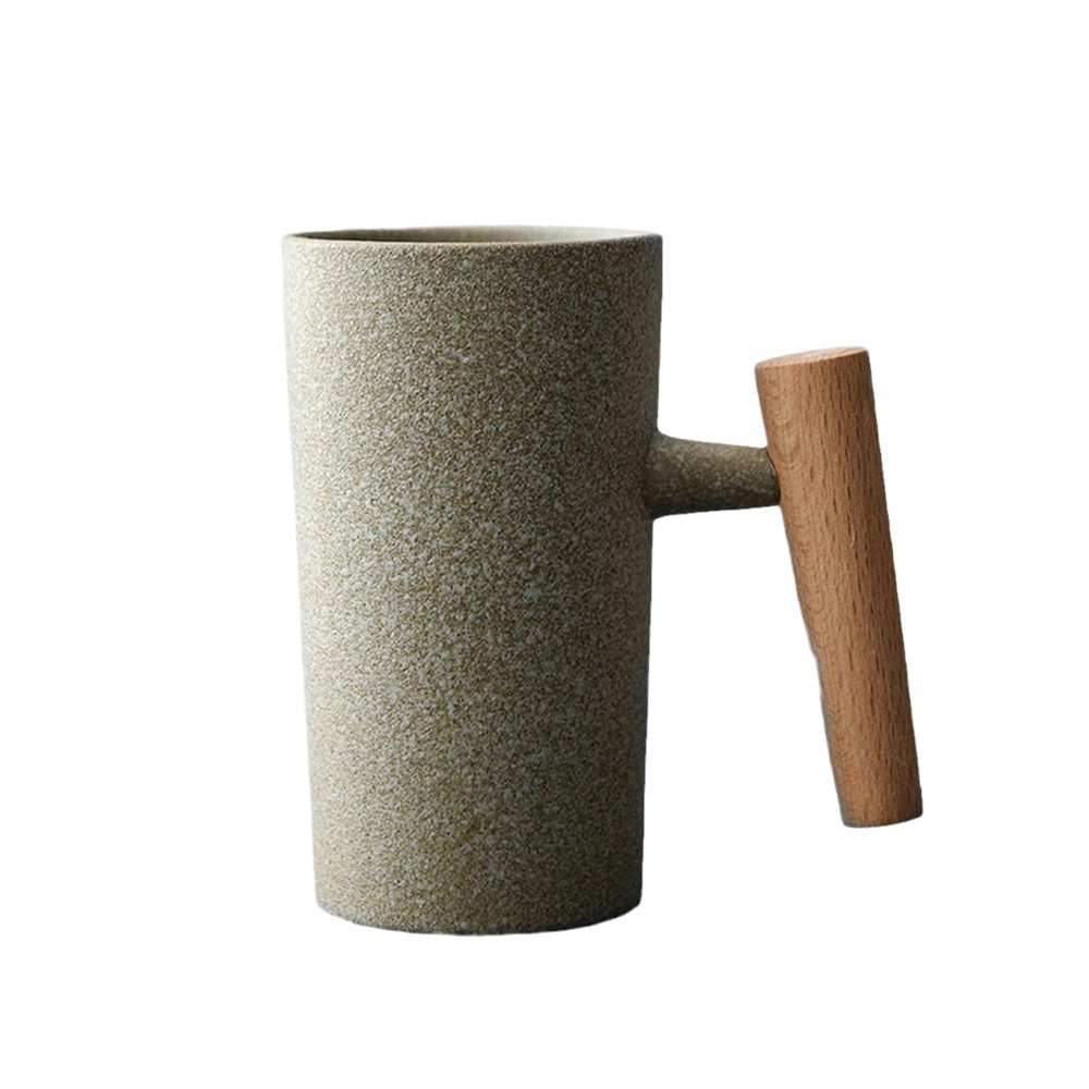 8.45oz Japanese hand-made rough pottery hand made Coffee cup - antique kiln turned Mug with wooden handle-marble white-201-300ml