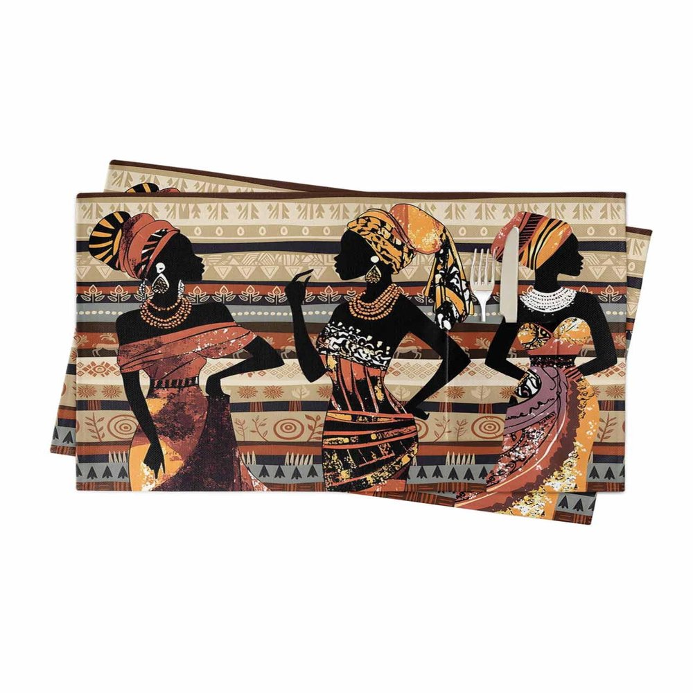 Historical African Women Placemats Set of 2, American Indian Southwest Traditional Woven Placemat Washable Wipeable Table Placemat with Pocket, Holiday Cloth Table Mat for Party Kichen Dinner