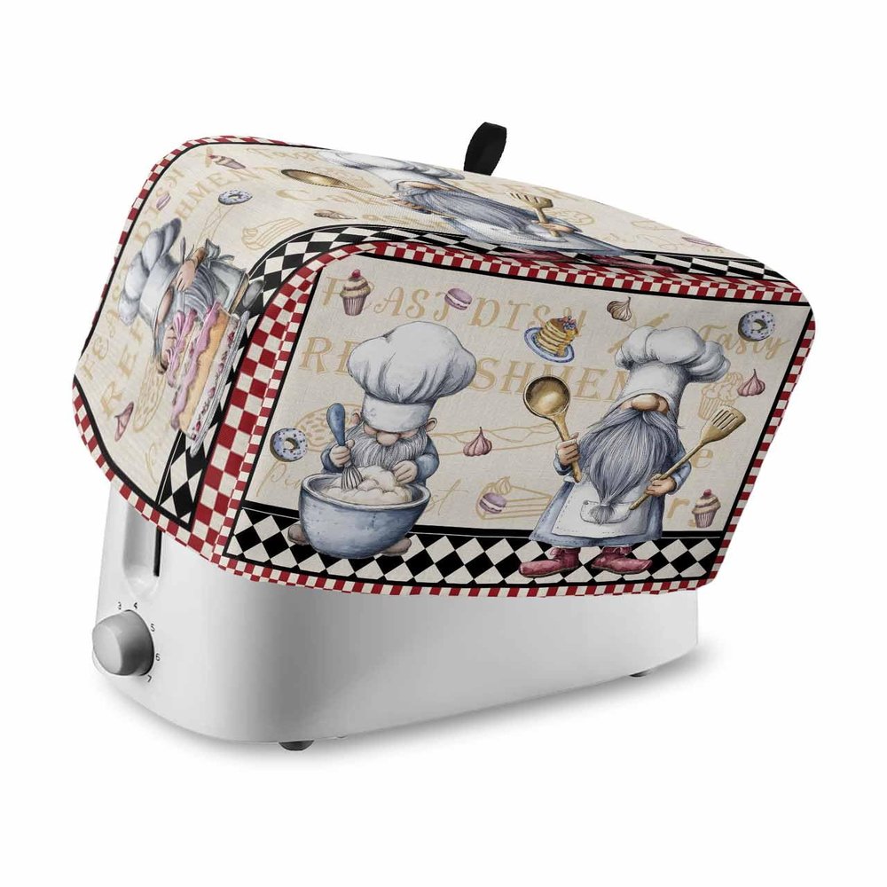 Kitchen Chef Gnomes Toaster Cover 2 Slice, Small Kitchen Appliance Covers, Retro Red White Plaid Dessert Toaster Oven Cover with Loop, Bread Machine Cover Polyester Dust Cover Protection