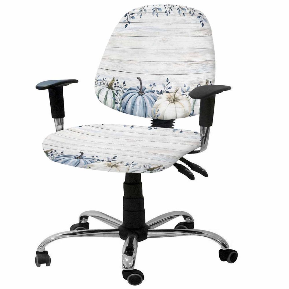 Jolunifun Thanksgiving Wood Grain Office Chair Covers Stretchable 2 Piece, Soft Decorative Computer Desk Chair Cover Protector Universal Rotating Chair Slipcover Fall Pumpkin Eucalyptus Leaves