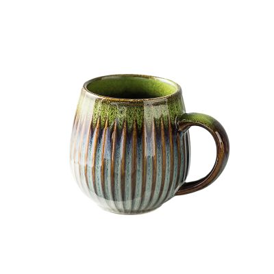 15.21oz Large capacity kiln change glaze creative vertical pattern ceramic coffee mug with handle-Kiln-Formed Grass Green Mug-401-500ml