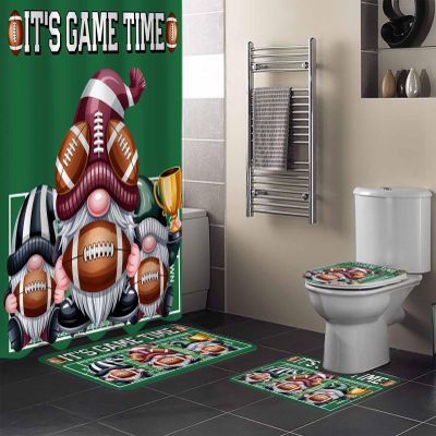 Fall Thanksgiving Bathroom Set with Shower Curtain Rug Accessories - 72x72 Inches Long Bathtub Curtain with Small Bath Mat,Washable Bathtub Floor Runner Rug Set,Hooks Gnomes Baseball Football Green