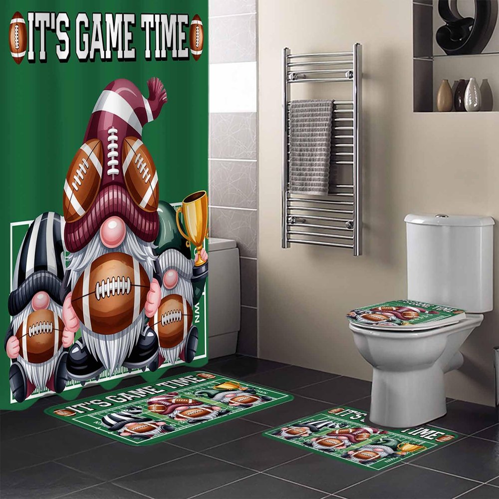 Fall Thanksgiving Bathroom Set with Shower Curtain Rug Accessories - 72x72 Inches Long Bathtub Curtain with Small Bath Mat,Washable Bathtub Floor Runner Rug Set,Hooks Gnomes Baseball Football Green