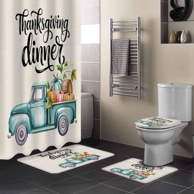 ZOE GARDEN Thanksgiving Truck Bathroom Set with Shower Curtain Rug Accessories,72x72 Inches Long Curtain with Large Bath Mat,Washable Floor Runner Rug Set,Hooks Fall Harvest Pumpkin Eucalyptus Barrel