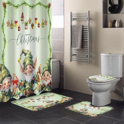 Christmas Gnomes Bathroom Set with Shower Curtain Rug Accessories - 72x72 Inches Long Bathtub Curtain with Small Bath Mat,Washable Bathtub Floor Runner Rug Set,Hooks Green Forest Pine Leaves Cone