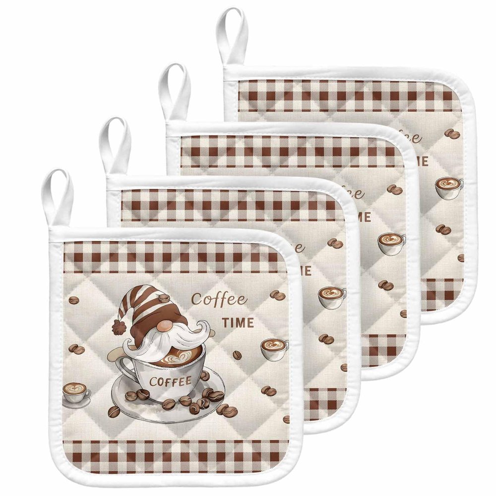 4 Packs Brown Coffee Gnomes Pot Holders Sets for Kitchen,Oven Pan Plate Bowl Pads Heat Proof Mat with Hanging Loop,Thick Terry Cloth Potholders for Cooking Rustic Farmhouse Plaid Winter Snowflake