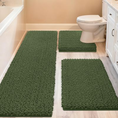 ACCUMTEK Upgrade Extra Large Oliver Green Bathroom Rug Set 3 Pieces Ultra Soft, Thick Absorbent Bath Mats, Non Slip Chenille Toilet Mat for Bathroom, Bedroom, Kitchen