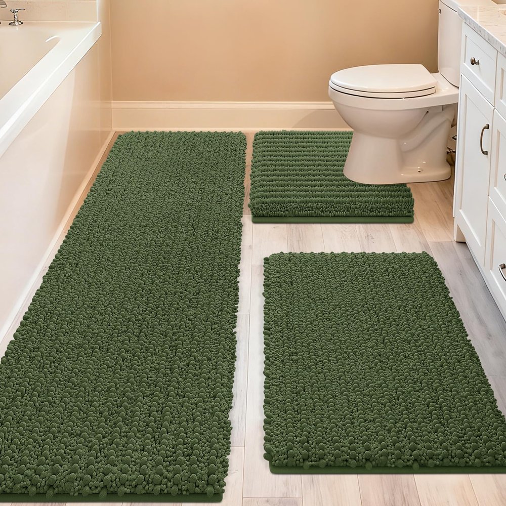 ACCUMTEK Upgrade Extra Large Oliver Green Bathroom Rug Set 3 Pieces Ultra Soft, Thick Absorbent Bath Mats, Non Slip Chenille Toilet Mat for Bathroom, Bedroom, Kitchen