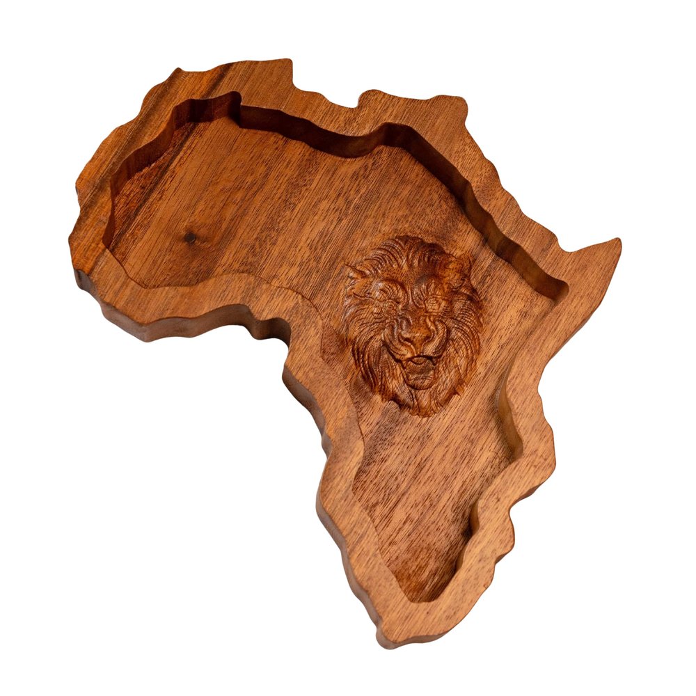 African Map-Shaped Jewelry Tray with Lion Head Engraving | Premium Wood Organizer for Rings, Keys, Jewelry, Coins | African Art Wall Decor & Storage | 10.47 x 11.22 x 1.77 Inches