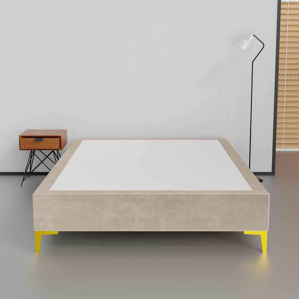 Greaton, 15-Inch Premium Velvet Material Wood Platform Bed, Durable, Stylish, Multi Colour Options, No Box Spring Needed, Golden Metal Legs, 75" x 48", Beige