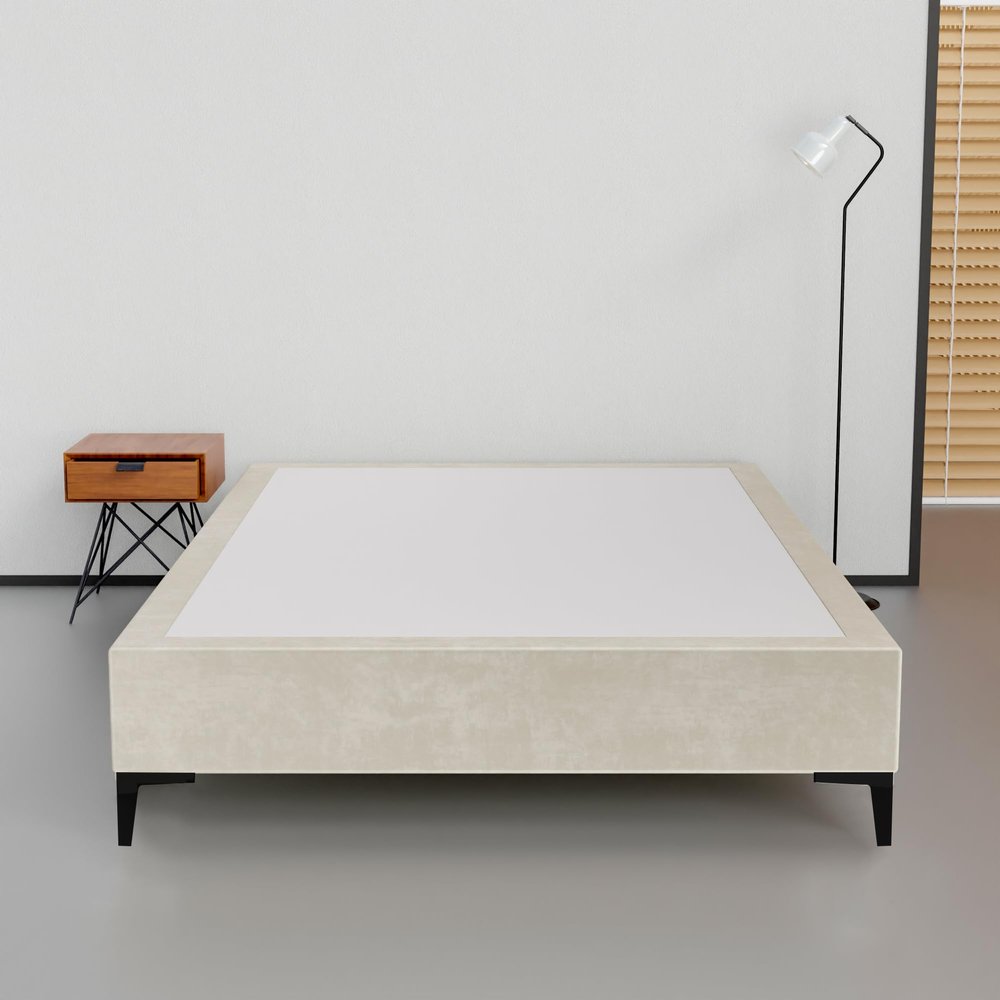 Greaton, 15-Inch Premium Velvet Material Wood Platform Bed, Durable, Stylish, Multi Colour Options, No Box Spring Needed, Black Metal Legs, 75" x 48", Taupe