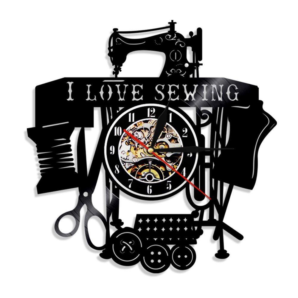 ICECHEN Vinyl Record Wall Clock I Love Sewing Quilting Vinyl Record Wall Clock Sawing Girl Wall Clock Modern Design Sewing Machine Tailor Wall Decor Seamer Gift