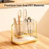 CHEOTIME Kitchen Storage Chopsticks Holder, Exquisite Silverware Caddy with 2 Cups Utensil Holder for Countertop with Drain Pan, Spoon and Fork Organizer for Kitchen(Platinum) view 3
