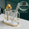 CHEOTIME Kitchen Storage Chopsticks Holder, Exquisite Silverware Caddy with 2 Cups Utensil Holder for Countertop with Drain Pan, Spoon and Fork Organizer for Kitchen(Platinum) view 4