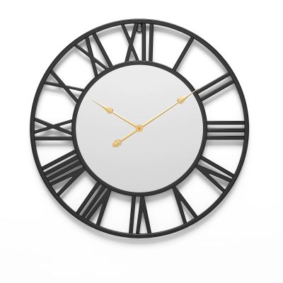 AOKLEY Large Wall Clocks Living Room Decor, Vintage Roman Numeral Mirror Clock, Metal Frame Big Silent Non Ticking Clock for Living Room Decor, Kitchen, Bedroom,Black,50cm/19.6in