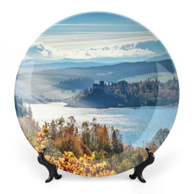 6" Decorative Plate Autumn Blue Sky Round Ceramic Plate with Display Stand Modern Porcelain Table Plate Wall Hanging Decoration for Home Office Collectible Art Souvenir