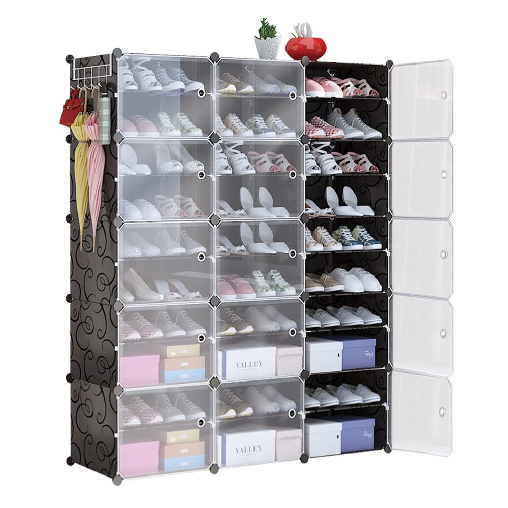 iMountek 8-Tier Shoe Rack Organizer Stackable Free Standing Shoe Storage Shelf Plastic Shoe Cabinet Tower with Transparent Doors for Heels Boots Slippers Entry (15)