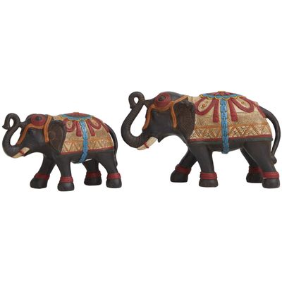 Deco 79 Polystone Elephant Handmade Decorative Sculpture Decorated Home Decor Statues with Intricate Carvings and Floral Designs, Set of 2 Accent Figurines 8, 6"H, Multi Colored