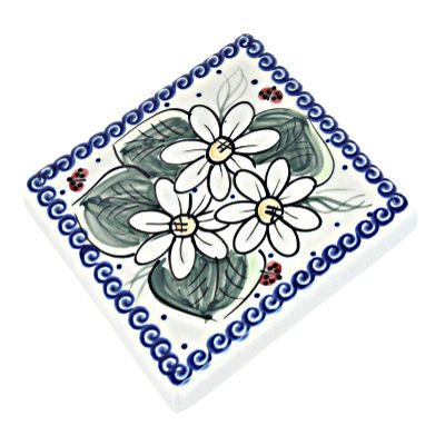Blue Rose Polish Pottery - Red Ladybug Tile - 4.5" Square - Ceramic Decorative Tile for Kitchen Backsplash, Trivet or Wall Art