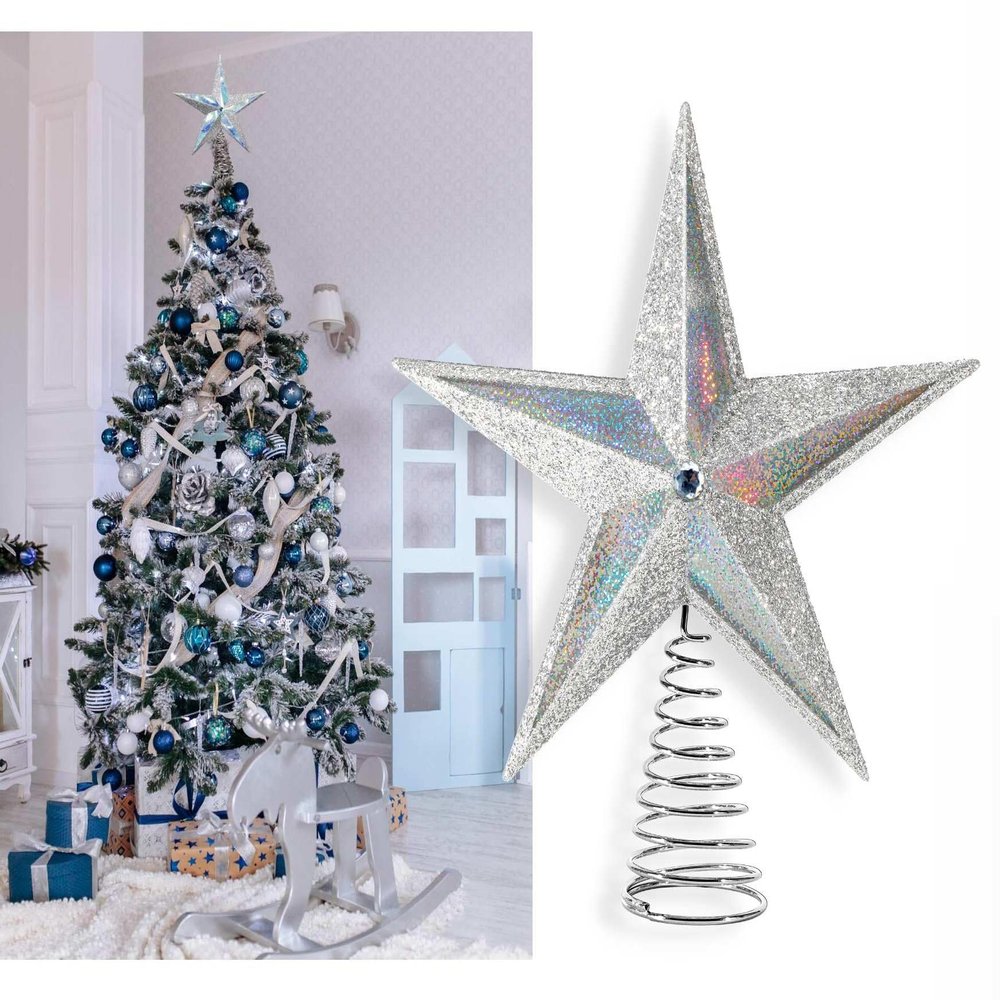 Christmas Traditions 10 inch Large Filigree Silver Holographic Glittered Christmas Star Tree Topper Star for Large Tree 6 feet-8 feet Tall/Home Decor Ornaments (Silver Holographic)