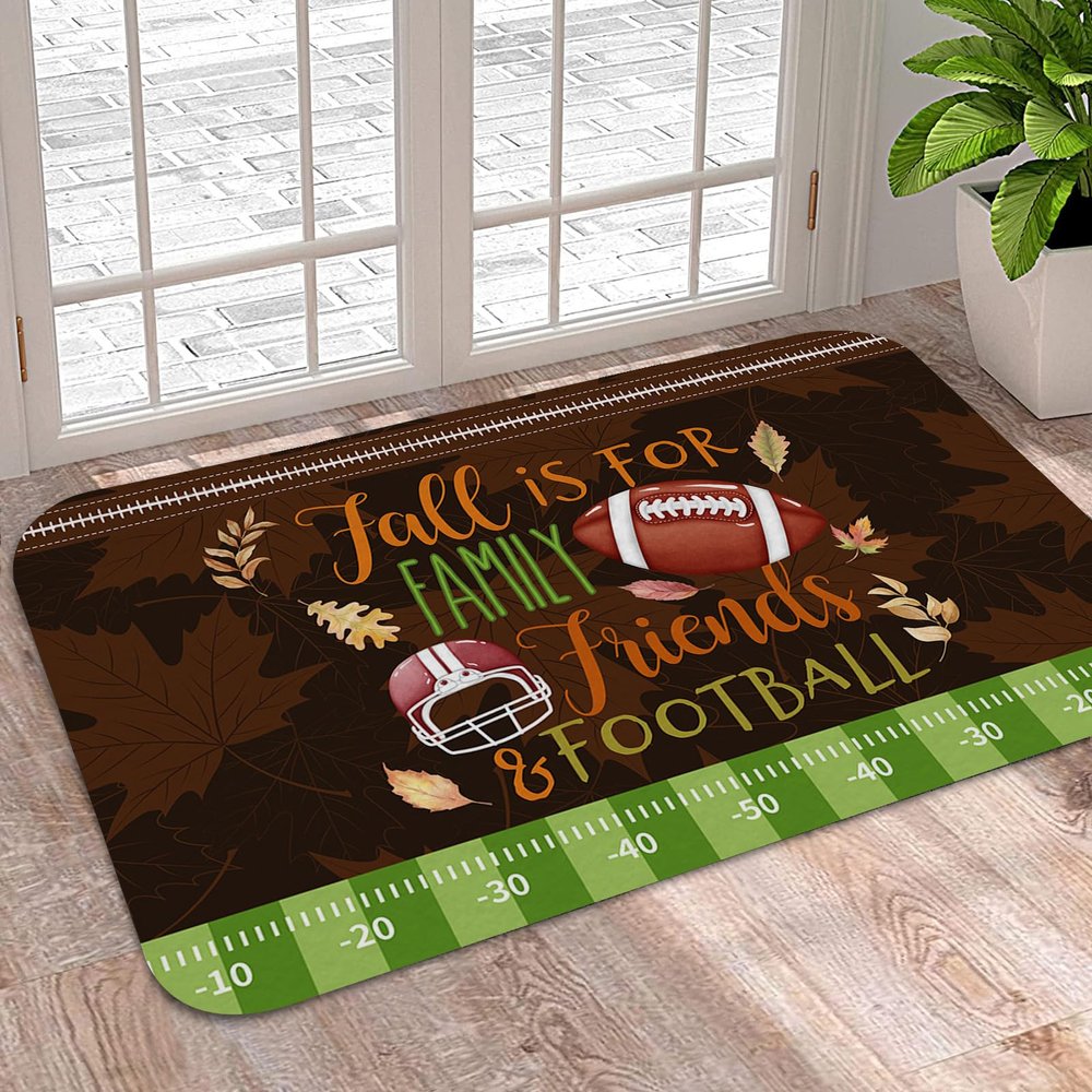 Welcome Doormat,Autumn Football Helmet Brown Absorbent Non Slip Bath Rug,Fall Leaf Green Gradient Strpie Washable Carpet for Kitchen Bathroom Front Door Entryway Decor 24x35In