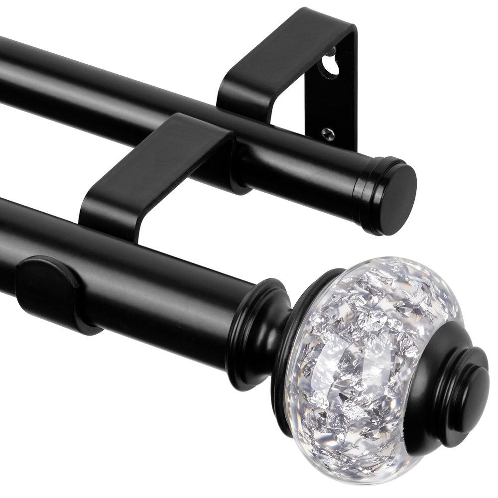 1 Inch Double Curtain Rods 36 to 72 Inches (3 to 6 ft), USFOOK Black Drapery Rods for Windows 24 to 68 Inches, Telescoping Dual Curtain Rod with Translucent Finials