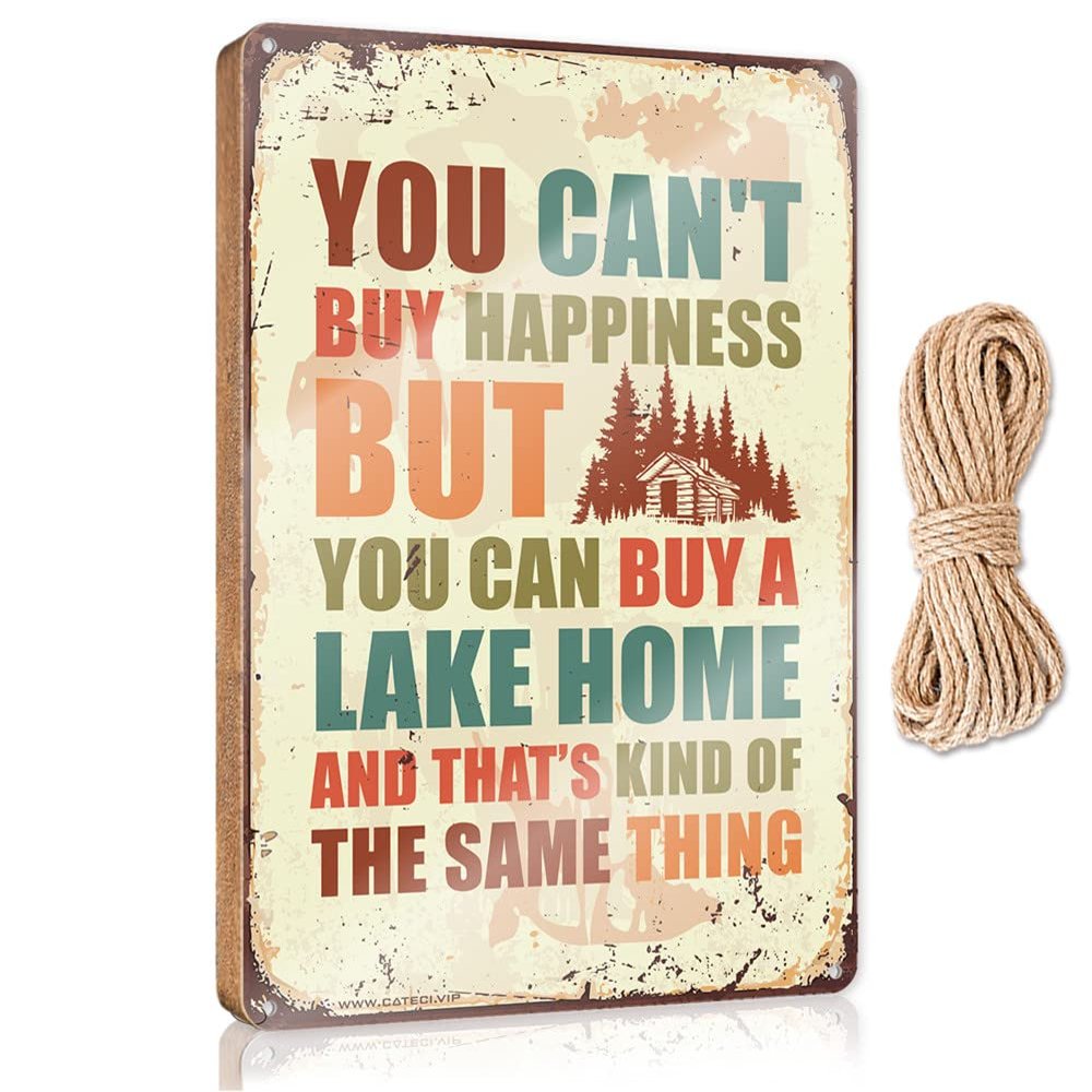 Abipuir Wall Hanging Signs You Can't Buy Happiness But You Can Buy A Lakehome Wooden Sign Coffee Bar Decor Home Office Signs for Doors Funny (Size : 15X28CM)