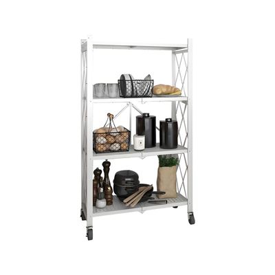 KWOKING Industrial Folding Etagere Bookshelf Metal Open Bookshelf with Caster Wheels Installation-Free Folding Shelf Floor Storage Rack Balcony Removable Bookshelf White 24" L x 14.4" W x 50.2" H