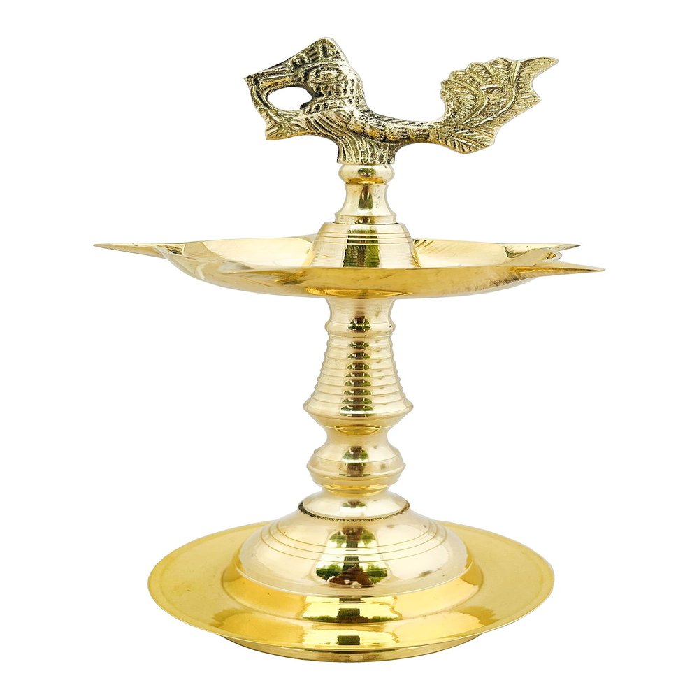 Shiv Shakti Arts Brass Kerala Diya Golden Finish with Bird Stand for Spritual Purpose Height-8 Inch
