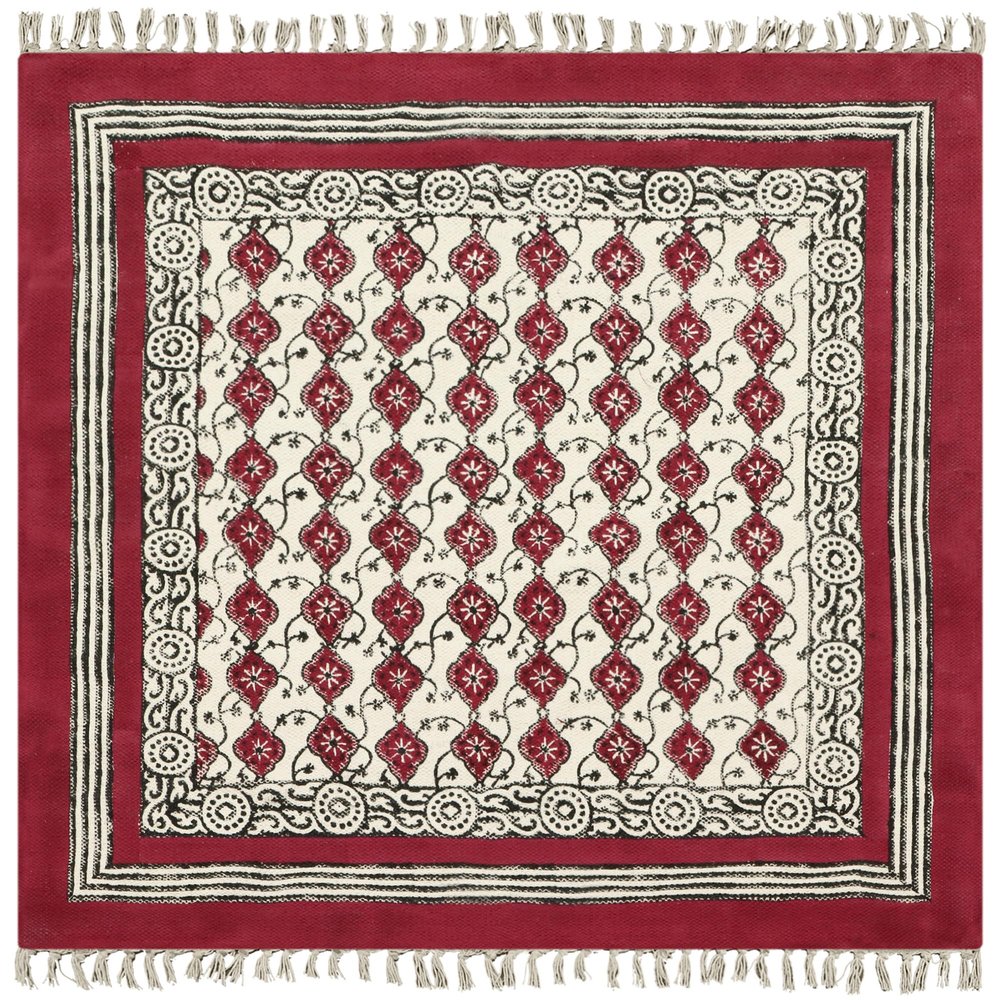 Area Rug 6' Square Rug Pink & Beige Cotton Dhurrie Floral Thick 0.19 inches Stone Easy Washable Rug Hand Wash Cotton Carpet Flatweave Rug Indoor Outdoor Rugs for Hall Room, Dining Room